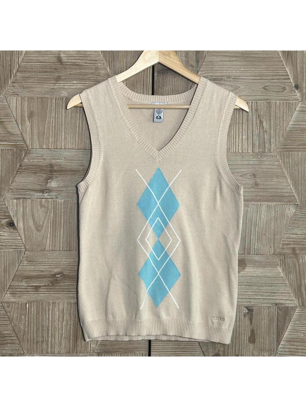 Izod Golf Womens Argyle Tan V-Neck Sweater Vest Size Small Preppy Light Academia